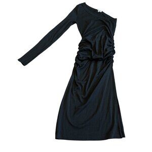 Michael Stars Black One Shoulder Dress Long Sleeve Ruched Stretch Size Large